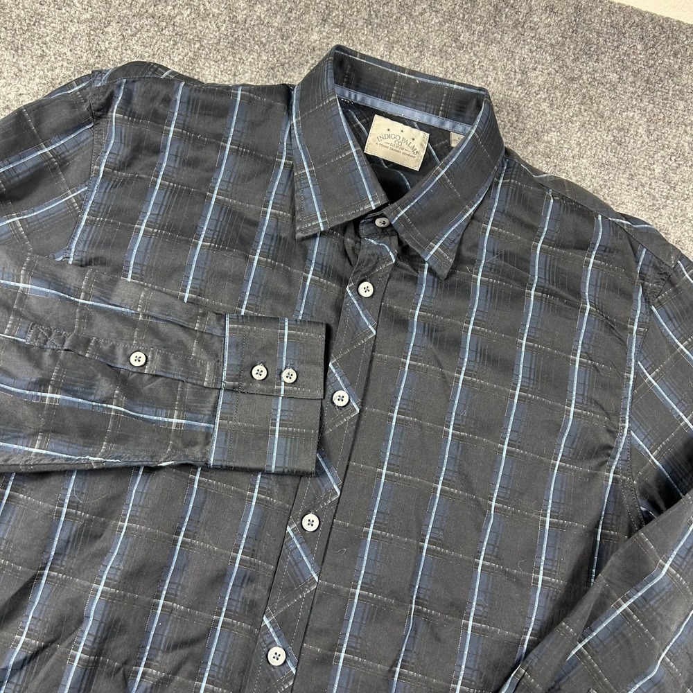 Indigo‎ Palms Tommy Bahama Button Up Mens XXL Black Blue Plaid Cotton Shirt